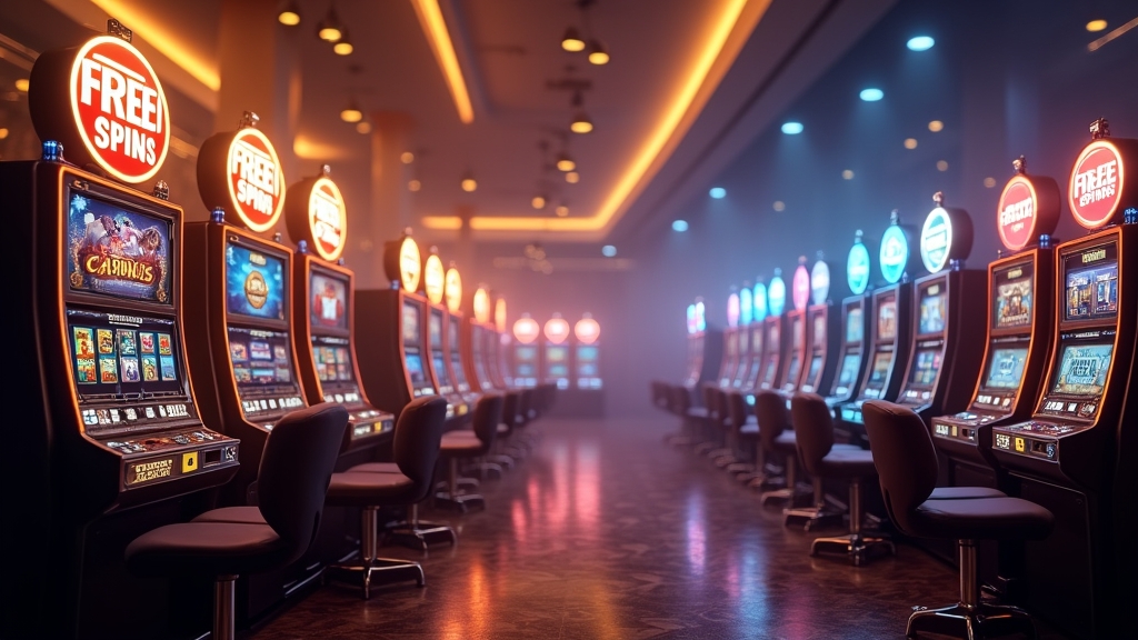 Casino-Szene mit Freispiele-Symbolen und Bonusbanner