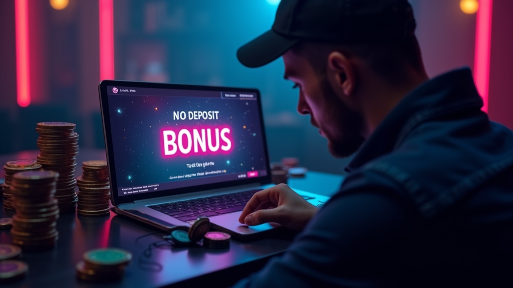 Casino-Szene mit Smartphone und Anzeige für No-Deposit-Bonus