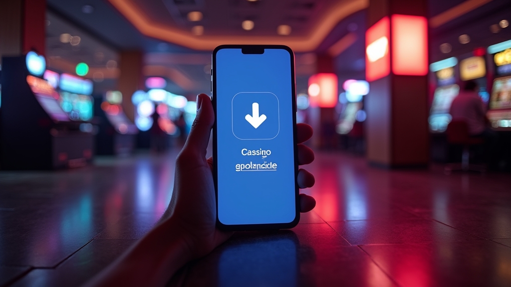 Smartphone mit Downloadansicht in einer dunklen Casino-Atmosphäre