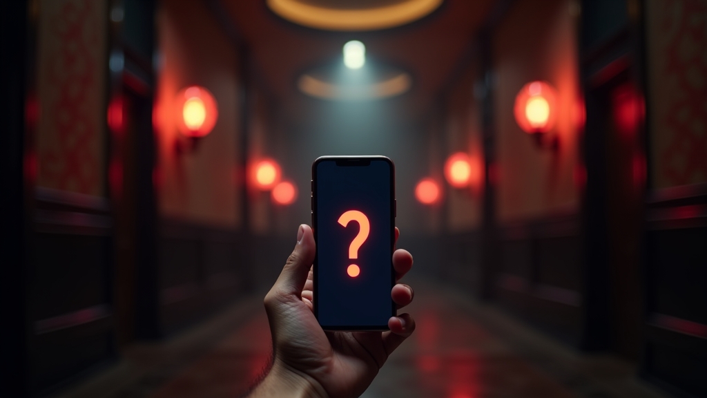 Smartphone mit Fragezeichen in dunkler Casino-Atmosphäre