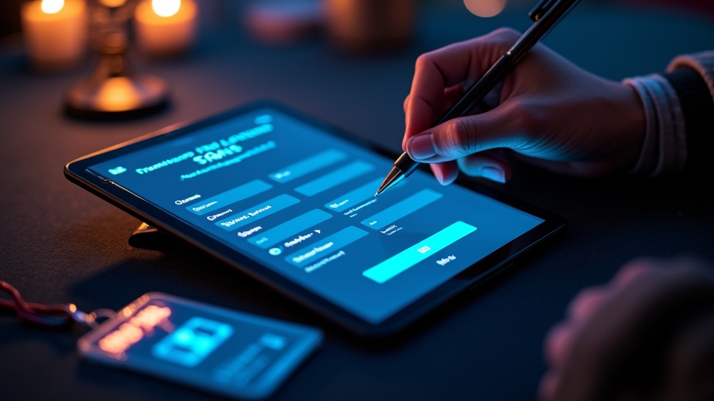 Registrierungsformular auf einem Tablet in dunkler Casino-Atmosphäre